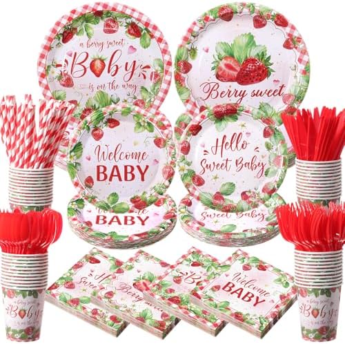 450 Pcs Strawberry Baby Shower Tableware Set, Serve 50, Red and Pink by Unknown