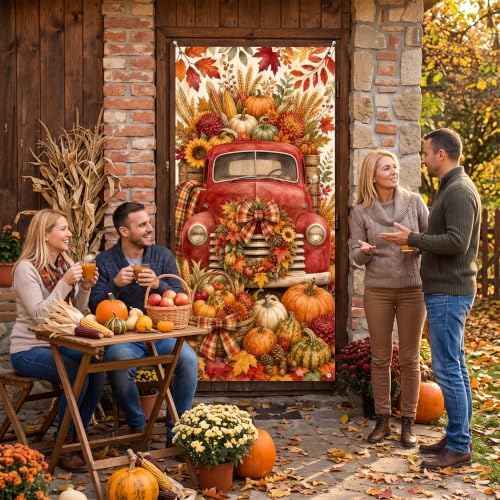 Fall Door Banner 35x71 Inch Autumn Harvest Door Backdrop Decor with Vintage Red Truck Pumpkins Sunflowers Maple Leaves Design for Front Porch Thanksgiving Farmhouse Hanging Home Decor - Image 6