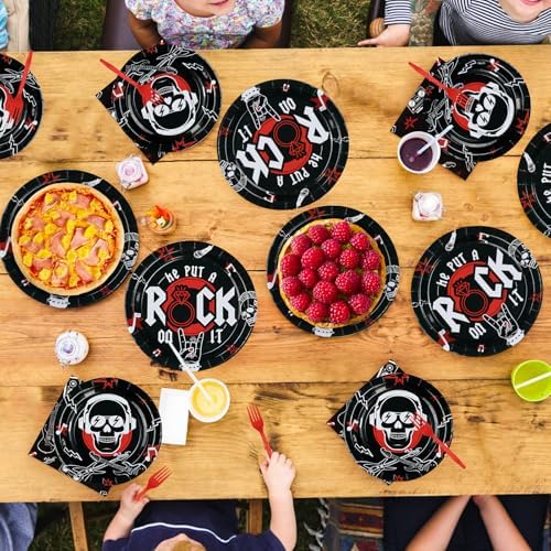 96Pcs Rock and Roll Party Decorations He Put A Rock On It Plates and Napkins Rock N Roll Tableware Sets for Boys Girls Bachelor Rockstar Guitar Music Theme Born to Rock Party Decorations Supplies - Image 7
