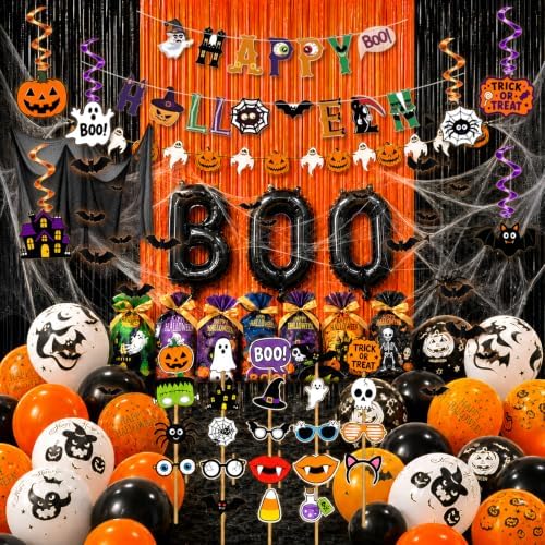 UJoyant 101 Pcs ​Halloween Party Decorations, Halloween Party Supplies - Ghost and Bat Pumpkin Banner, Multi Balloons, Photo Booth Props, Candy Gift Bags, Spider Wed by UJoyant