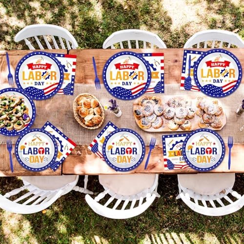 96 Pcs Labor Day Party Supplies for 24 Guests Labor Party Tableware Plates Napkins American Holiday Patriotic Dinnerware Table Decorations Happy Labor Day Party Favor for USA Independence Day - Image 5