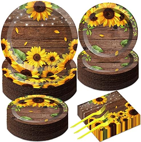 200PCS Sunflower Paper Plates and Napkins Sunflower Birthday Party Decoration Hoedown Party Decorations Supplies with Wood Land Background Bridal Baby Shower Tableware Brown Country Rustic Style by gisgfim