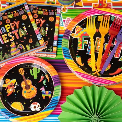 DMIGHT 101PCS Fiesta Party Supplies Set – Plates, Napkins, Fiesta Paper Fans, Banner, Tablecloth, Honeycomb Centerpieces – Perfect for Cinco de Mayo, Mexican Fiesta, and Fiesta Party Decorations - Image 5