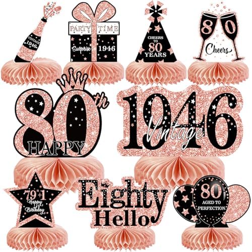 9Pcs 80th Birthday Decorations Honeycomb Centerpieces for Women, Rose Gold Happy 80th Birthday Centerpieces Tables Toppers Party Decorations Supplies, Vintage 1946 Aged Table Sign Decor by MOORAY