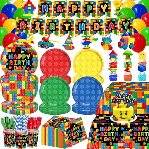 206PCS Building Block Birthday Party Supplies, Plates, Napkins, Cups, Cutlery, Cake & Cupcake Toppers, Banner, Hanging Swirls, Tablecloth, Balloons for Boys Birthday Party Decorations Serve 24 Guests by Unknown