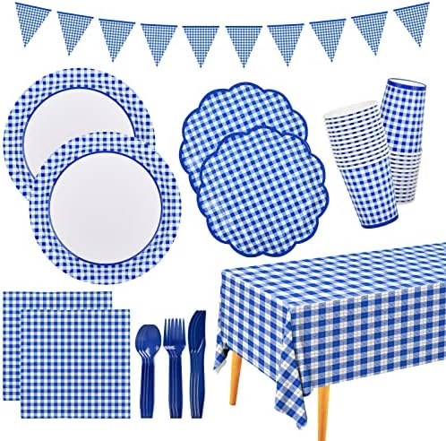 Gatherfun Gingham Blue and White Party Supplies Disposable Paper Plates Napkins Cups Knives Spoons Forks Tablecloth Banner for Birthday Party Family Dinner Picnic Barbecue Father's Day Party, Serve 25 by Gatherfun