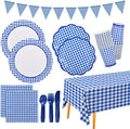 Gatherfun Gingham Blue and White Party Supplies Disposable Paper Plates Napkins Cups Knives Spoons Forks Tablecloth Banner for Birthday Party Family Dinner Picnic Barbecue Father's Day Party, Serve 25 by Gatherfun