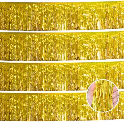 Laser Gold Party Decorations Birthday Streamers 4Pack - 48FT Tinsel Garland Self Adhesive - Metallic Gold Birthday Decorations Party Supplies - Heavy Duty Fringe Banner Parade Float Decorations by YUKL