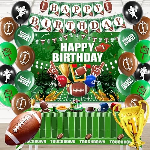 Football Birthday Decorations For Men,Happy Birthday Backdrop,Banner Balloons,Table Cloth,Paper pom poms Party Supplies for Boys by Jenlion