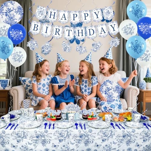 Blue Floral Party Decoration, Including Happy Birthday Banner, Plates, Cups, Napkins, Tablecloth, Paper Lantern, Straws, for Flower Birthday Wedding Chinoiserie Party Supplies Serves 20 - Image 7