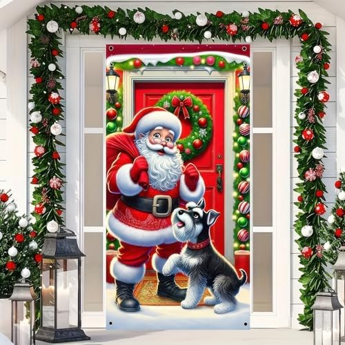 BlissYard Christmas Door Cover Santa Schnauzer 35x71 Inch Polyester - Image 5
