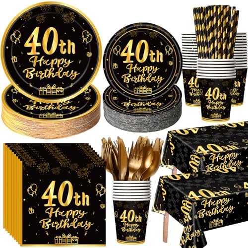 Funnymoom 452 Pcs 40th Birthday Party Decorations Set for Men Women, Black and Gold Happy 40th Birthday Paper Plates Napkins Cups Tablecloth Cutlery Straws for Cheers to 40 Years Anniversary Party by Funnymoom