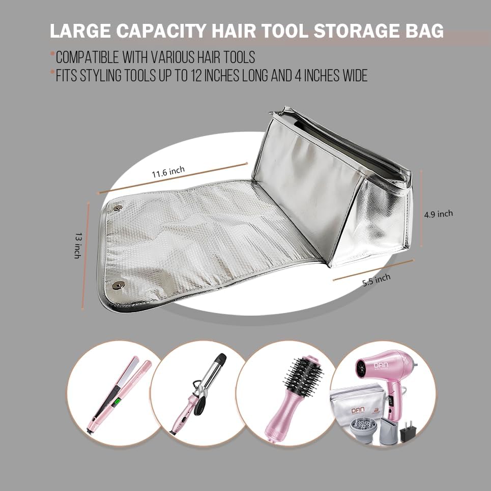 DAN Technology Hair Tools Travel Bag, 12.5 x 5.5 x 5.5 inches, Silver - Heat Resistant Mat, Protective Pad, Hanging Rope, Portable Design, Ideal for Hair Dryer, Curling Iron, Flat Iron, Straighteners - Image 3