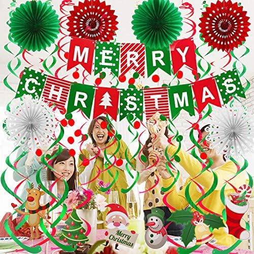 FECEDY Merry Christmas Banner Paper Fan Flower Circle Confetti Dots Hanging Garlandand Swirl Streamers Christmas Tree Christmas Snowman God Tang for Christmas Party Decoration - Image 2