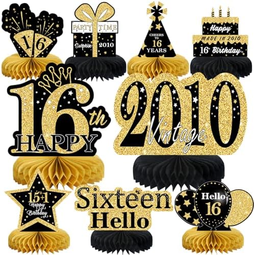 9Pcs Black Gold 16th Birthday Decorations Honeycomb Centerpieces for Boys Girls,Happy 16th Birthday Centerpieces Tables Toppers Party Decorations Supplies 16th Table Sign Decor by MOORAY