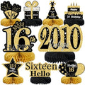 9Pcs Black Gold 16th Birthday Decorations Honeycomb Centerpieces for Boys Girls,Happy 16th Birthday Centerpieces Tables Toppers Party Decorations Supplies 16th Table Sign Decor by MOORAY