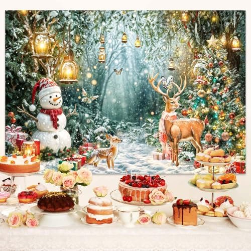 Winter Wonderland Backdrop Christmas Forest Scene Snowy Tree Snowman Deer Photography Background Xmas Holiday New Year Family Party Decorations Banner Photo Booth Studio Props 10X8FT - Image 3