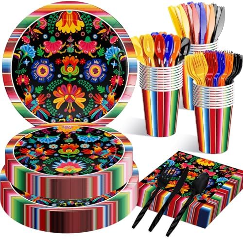175 Pcs Fiesta Tableware Set – Serves 25, Mexican Party Supplies Disposable Plates, Cups, Napkins, Forks, Spoons, Knives with Floral and Serape Stripe Design for Cinco de Mayo, Birthday Celebrations by Jremreo