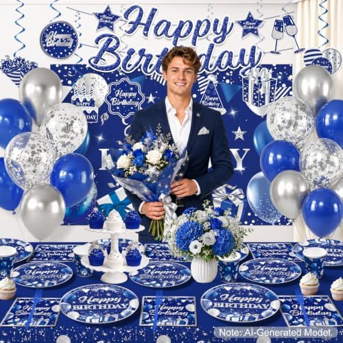181Pcs Blue and Silver Birthday Decorations for Men, 20 Serves - Image 2