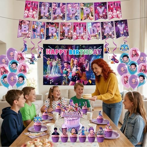Demon Movie Hunters Birthday Decorations, Cute Party Supplies Set Include Banner, Backdrop, Balloons, Hanging Swirls, Cake Topper, Cake Cupcake Toppers for Boys Girls Cartoon Theme Party - Image 2