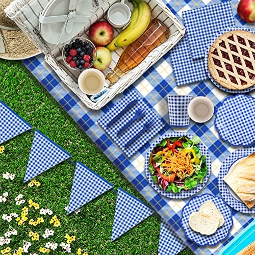Gatherfun Gingham Blue and White Party Supplies Disposable Paper Plates Napkins Cups Knives Spoons Forks Tablecloth Banner for Birthday Party Family Dinner Picnic Barbecue Father's Day Party, Serve 25 - Image 4