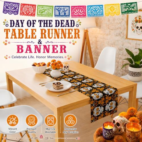 Dia De Los Muertos Decorations - Sugar Skull Table Runner with Banner - Image 6