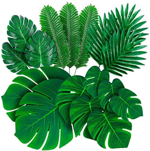 Decopom Palm Leaves Artificial Tropical Monstera-84Pcs 6 Kinds Large Small Green Fake Palm Leaf with Stems for Safari Jungle Hawaiian Luau Party Table Decoration Wedding Birthday Theme Party by Decopom