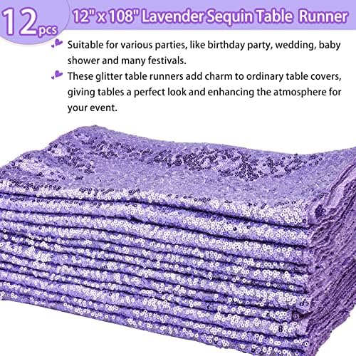 12 Packs Sequin Table Runner Glitter Dining Table Runner for Birthday Wedding Engagement Bridal Baby Shower Bachelorette Holiday Celebration Party Supplies Decorations (12" x 108", Lavender) - Image 2