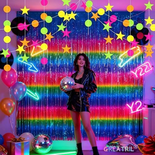 Gradient Neon Party Streamers Backdrop Decorations 3.2ft x 8.2ft 2 Packs - Image 2