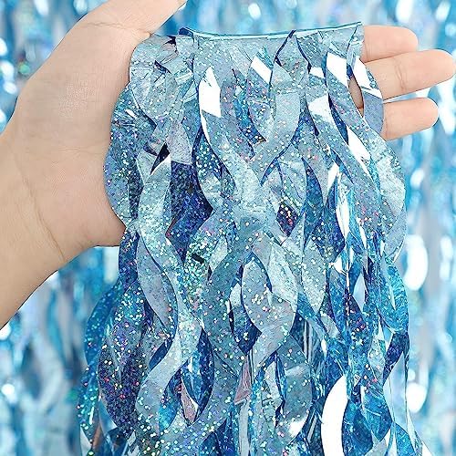 4 Pack Light Blue Party Foil Curtain - CYLMFC 3.3 ft x 6.6 ft Wavy Photo Booth Backdrop Metallic Tinsel Foil Fringe Curtains Environmental Background for Birthday Wedding Party Christmas Decorations by CYLMFC