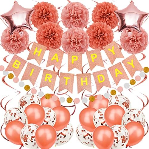 Birthday Decoration, Happy Birthday Banner, Tissue Paper Pom Poms, Hanging Paper Fan Set and Balloons for All Birthday Party Decorations, Rose Gold by Recosis