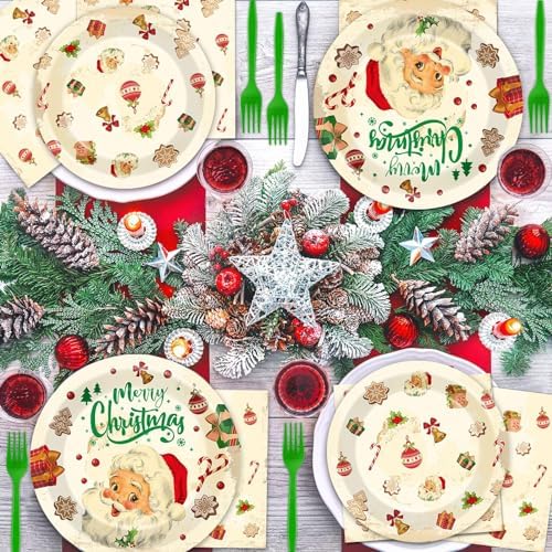 Qyeahkj 100 Pcs Christmas Xmas Party Paper Plates and Napkins, Vintage Holiday Party Supplies Birthday Party Tableware Set Table Decorations Favors with Forks for Girls Boys Kids Serve 25 - Image 4
