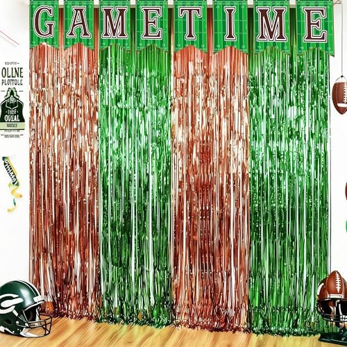 Football Party Decorations for Super Game Bowl 2027 - Green Brown Tinsel Streamers Backdrop Banner | Football Party Favors Supplies Indoor Outdoor - Game Day Birthday Party Accessories for Wall Door by OHOME