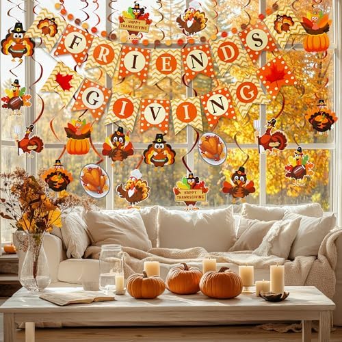 Thanksgiving Party Decorations Set - NO DIY - Friendsgiving Banner & Turkey Hanging Swirls & Circle Dots Garland Banner, Thanksgiving Decorations for Home Office Classroom Friendsgiving Party Decor - Image 6