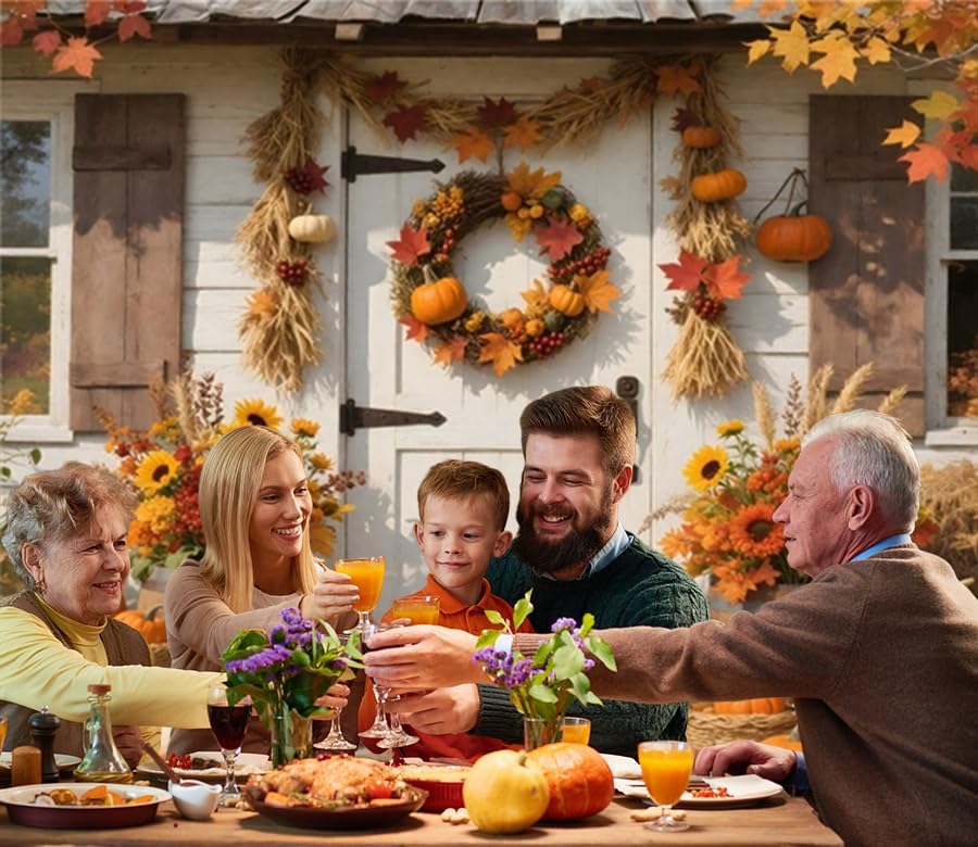 Fall Photo Backdrop 12x10ft Floral Rustic White Wood Door Thanksgiving Fall Backdrops for Photography Autumn Haystack Flowers Friendsgiving Background Party Decorations Photo Booth Props - Image 5