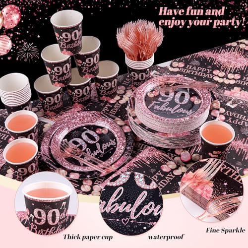 250PCS 90th Birthday Party Decorations for 50 Guests Black and Rose Gold Party Supplies for Women Include Disposable Paper Plates, Napkins, Cups, and Disposable Plastic Cutlery (90) - Image 3