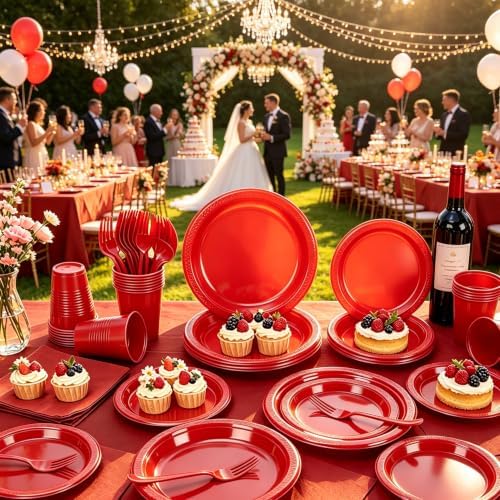 100 Guests Red Plastic Plates and Napkins Party Supplies for Birthday - Image 6