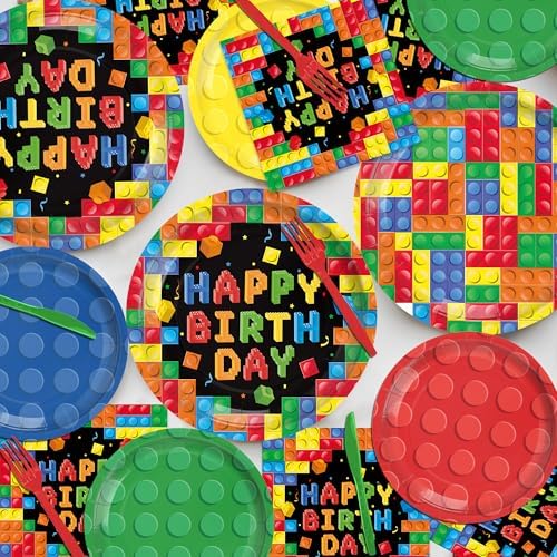 206PCS Building Block Birthday Party Supplies, Plates, Napkins, Cups, Cutlery, Cake & Cupcake Toppers, Banner, Hanging Swirls, Tablecloth, Balloons for Boys Birthday Party Decorations Serve 24 Guests - Image 5