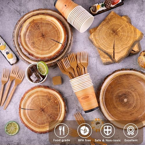 durony 144 Pieces Camping Wood Grain Slice Dinnerware Set Rustic Wood Party Supplies Paper Plates Napkins Serve 24 for Forest Themed Party Decorations Camping Birthday Supplies - Image 4