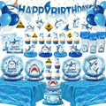 182 Pcs Shark Birthday Party Decorations (Serves 24), Shark Party Decorations Include Banner Hanging Plates Napkins Cups Forks Tablecloth Topper Balloons for Party by Kinovo