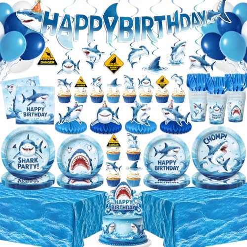 182 Pcs Shark Birthday Party Decorations (Serves 24), Shark Party Decorations Include Banner Hanging Plates Napkins Cups Forks Tablecloth Topper Balloons for Party by Kinovo