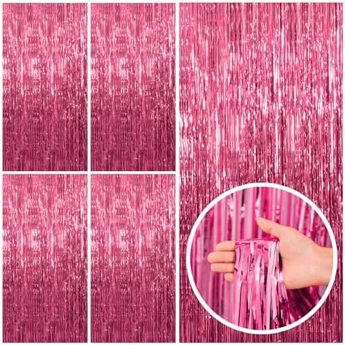 BOMSI 5 Pack Pink Tinsel Curtain Party Backdrop Foil Fringe Birthday Photo Booth Streamer Backdrop Theme Decorations by BOMSI