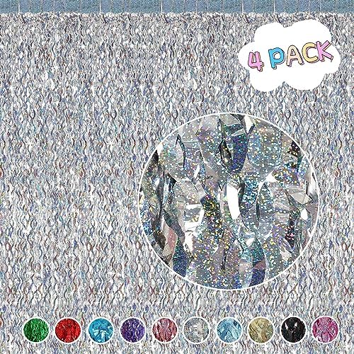 4 Pack Silver Tinsel Backdrop - CYLMFC 3.3 ft x 6.6 ft Streamer Metallic Tinsel Foil Fringe Curtains Photo Booth Props Wall Curtains for Bachelorette Birthday Party Decor - Image 2