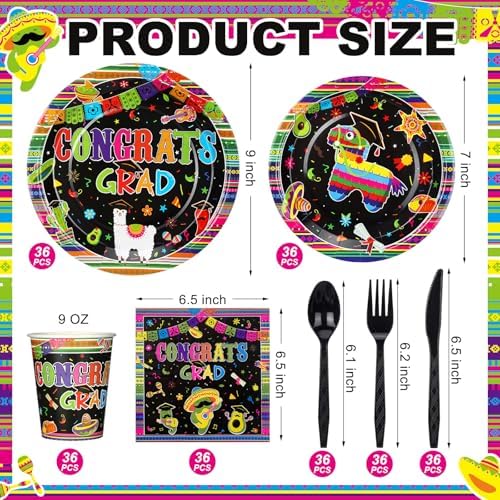 Yungyan 252 Pcs Mexican Graduation Fiesta Party Tableware Set Mexican Graduate Plates Napkins Cups Forks Knives Spoons for Mexico Graduate Party Decorations Supplies 36 Guests - Image 2