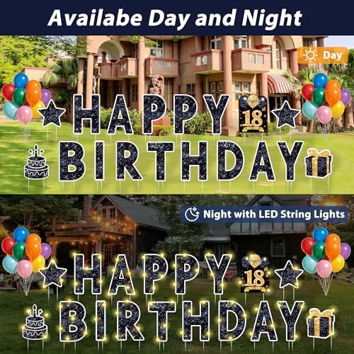 18 Pcs Happy Birthday Yard Sign with Stakes, Black Happy Birthday Yard Sign with 49.2 Ft LED Light, 16 In Large Personalized Happy Birthday Sign, Waterproof Lawn Garden Birthday Party Decorations - Image 5