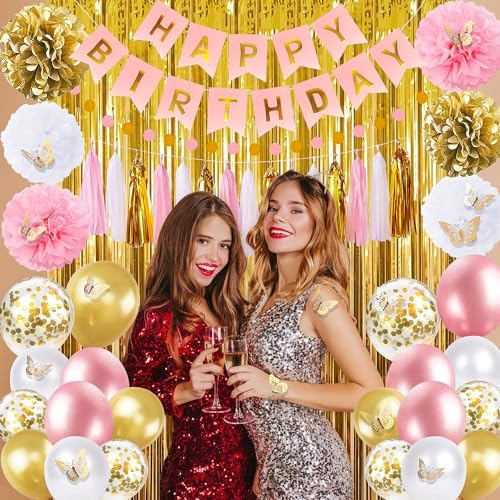 Pink and Gold Birthday Party Decorations for Women with Happy Birthday Banner,Curtains, Butterfly Wall,Circle Dots Garland,Tissue Pompoms,Paper Tassels Garland for Her - Image 2