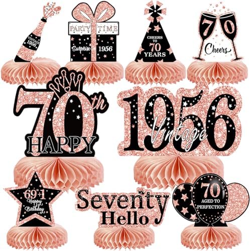 9Pcs 70th Birthday Decorations Honeycomb Centerpieces for Women, Rose Gold Pink Happy 70th Birthday Centerpieces Tables Toppers Party Decorations Supplies, Vintage 1956 Aged Table Sign Decor by MOORAY