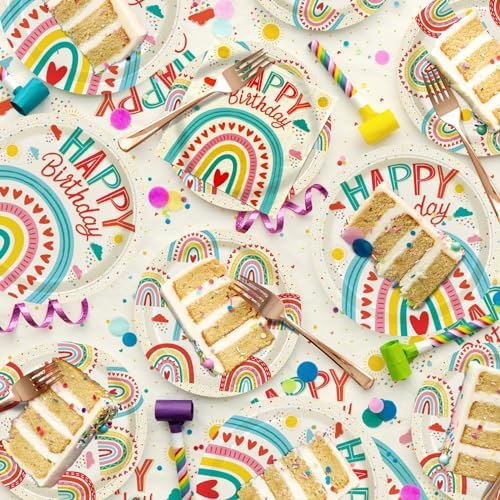 Retro Rainbow Themed Happy Birthday Party Supplies Set - Vibrant Disposable Paper Plates, Cups, Napkins, Tablecloth & Birthday Banner - Fun & Colorful Design for Boys/Girls - For 25 Guests - Image 4