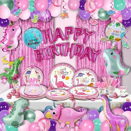 150 pcs Dinosaur Birthday Party Supplies For Girls (Serves 12), Pink Dinosaur Party Decorations, 50 pcs Latex Balloons, 12 sets Tableware, Plates, Tablecloth, Installation Tools by PartySpot%EF%BC%81