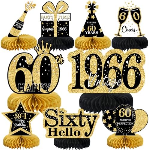 9 Pcs 60th Birthday Decorations Honeycomb Centerpieces for Women Men, Black Gold 1966 Aged to Perfection Vintage Centerpieces for Tables Toppers,Sixty Years Party Decorations Supplies by MOORAY
